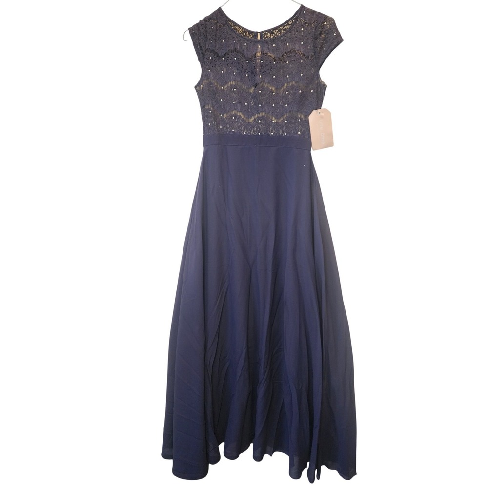 Une Ame Navy Blue Lace Rhinestone Sleeveless Maxi Dress Prom Wedding Size M NWT